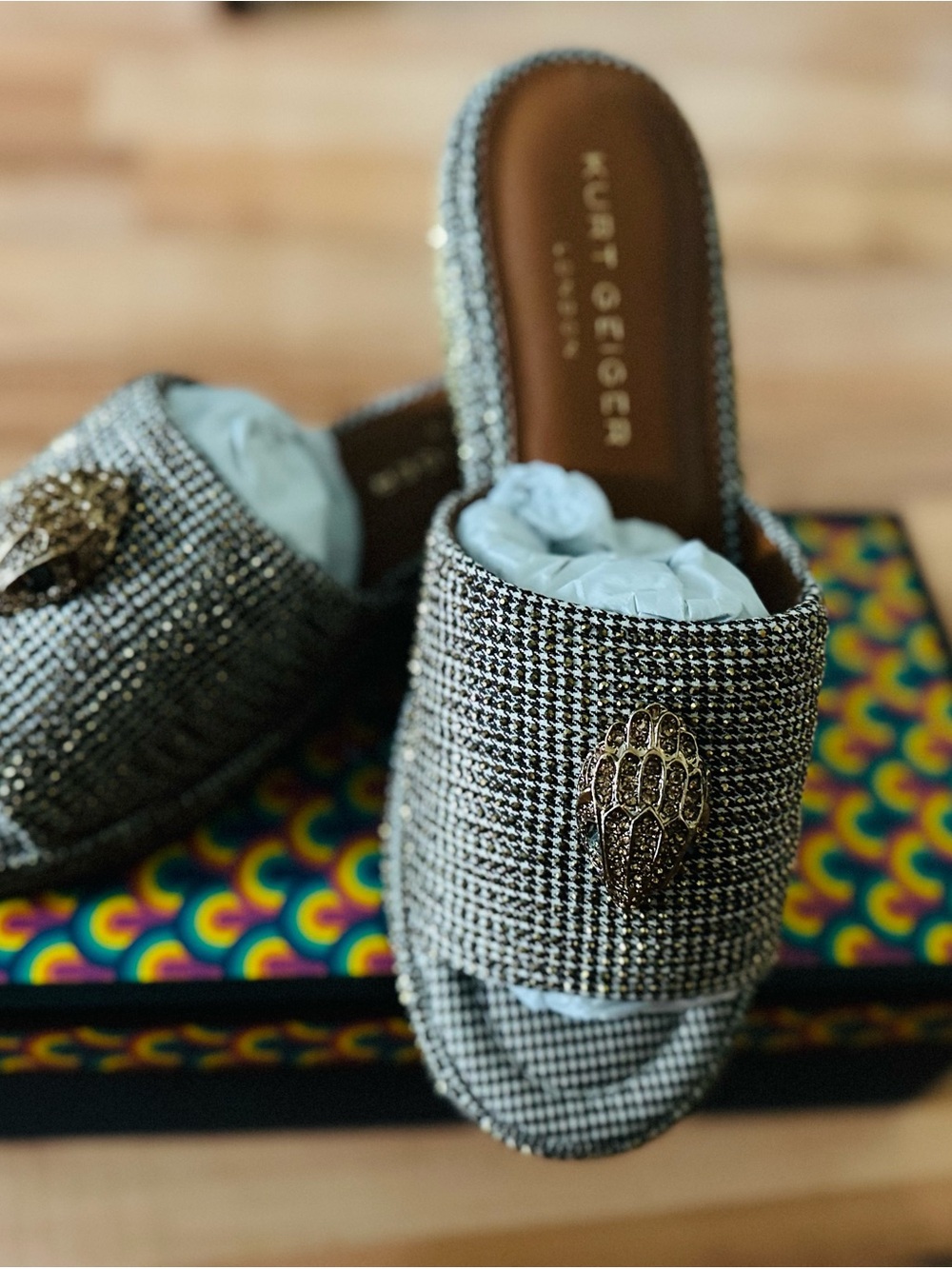 Kurt Geiger Kensington Flatform Slip-On Mules with Gold Accent and crystals